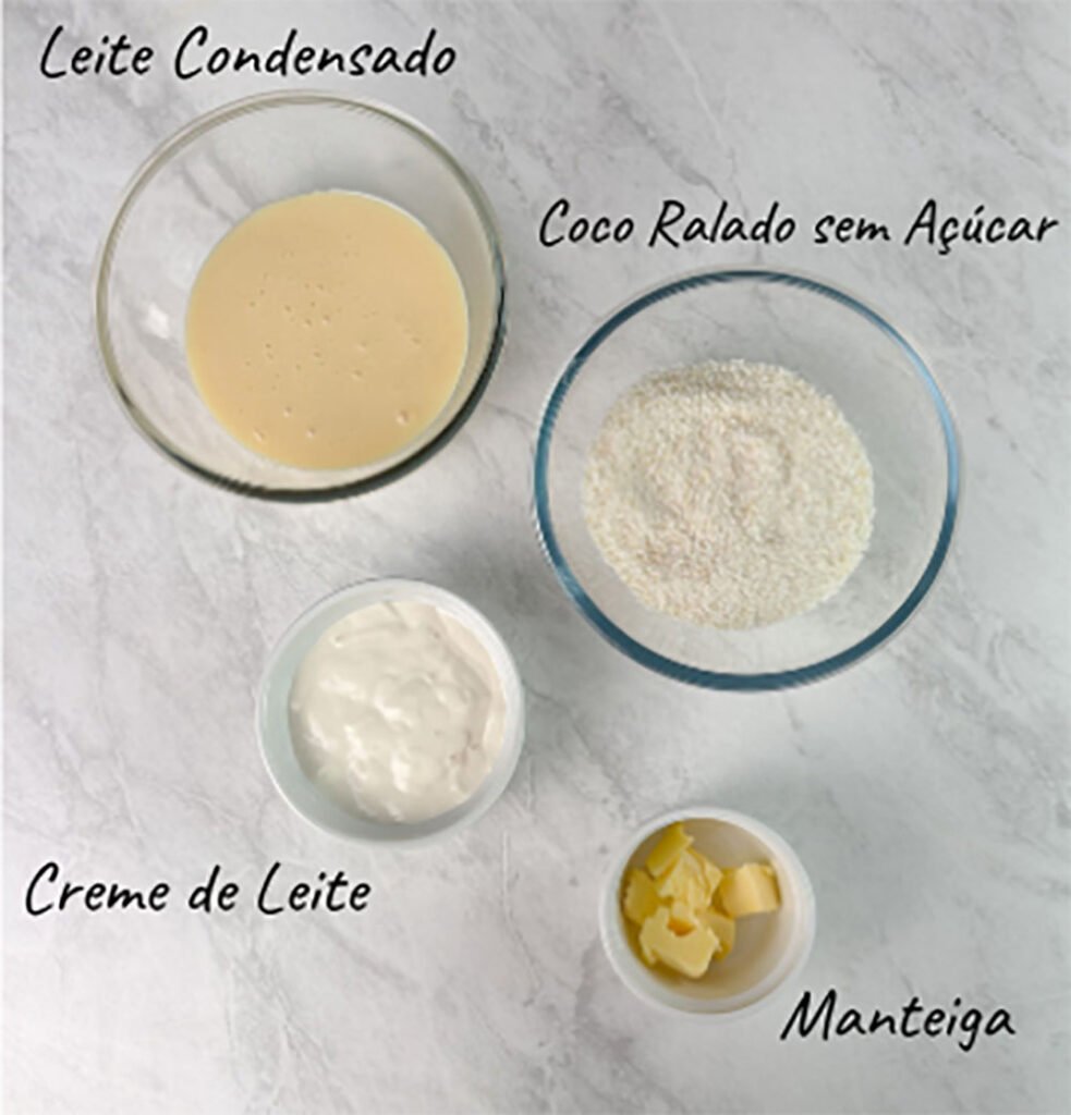 Visão dos ingredientes do beijinho