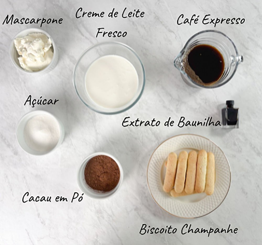 Visão dos ingredientes do tiramisu