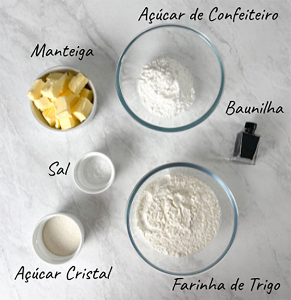 Visão dos ingredientes dos biscoitos amanteigados
