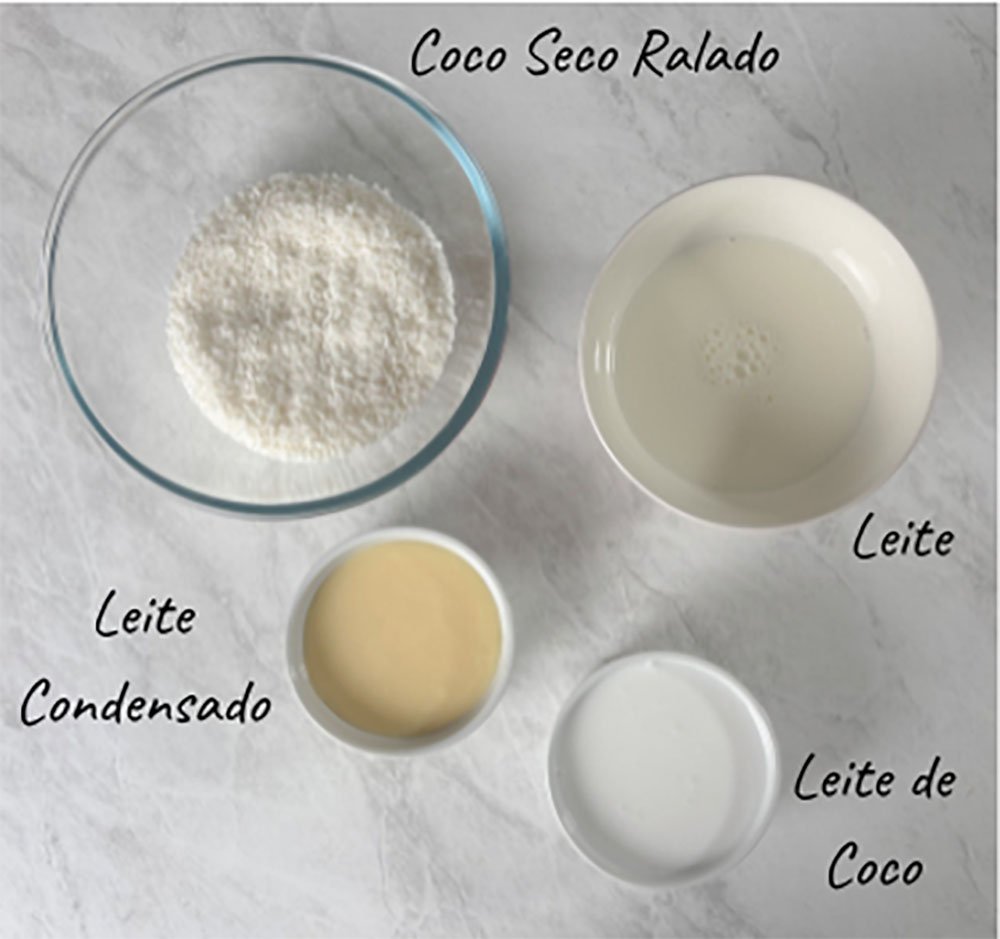 Visão dos ingredientes da calda do bolo de coco gelado